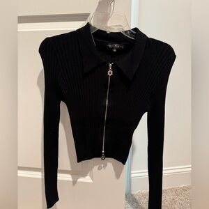 Black Ribbed Knit Sweater With Two-Way Zipper